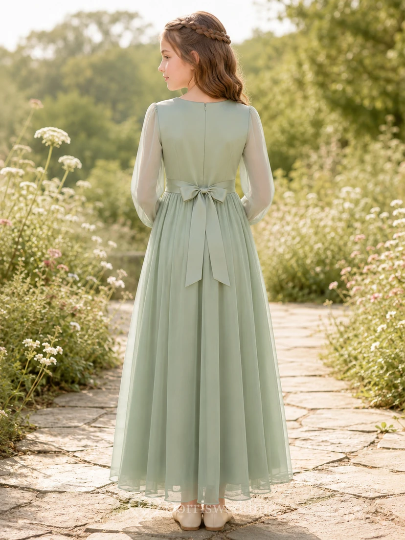 Flower Girl Dress A-Line Celadon Modest Long Sleeve Tulle Bow Garden view 2