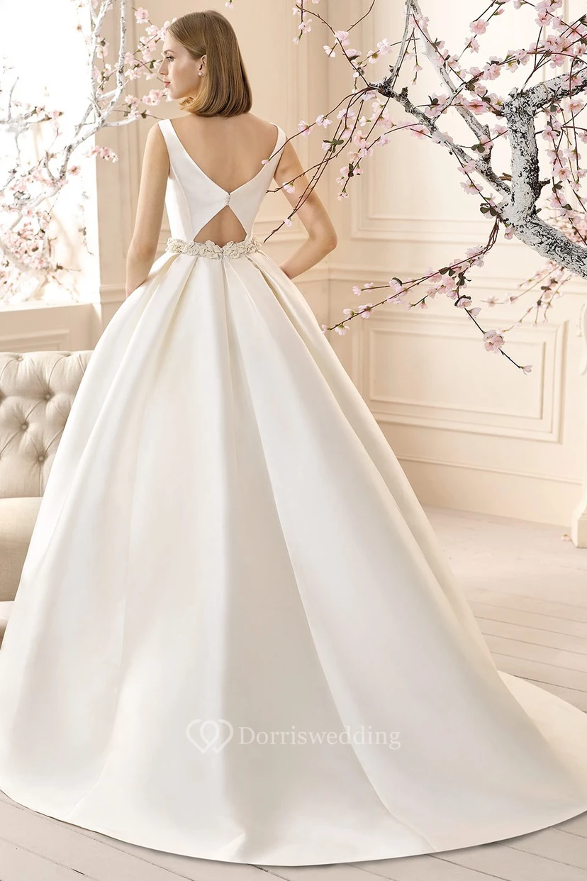 A-Line Maxi Off-The-Shoulder Jeweled Satin Wedding Dress view 2