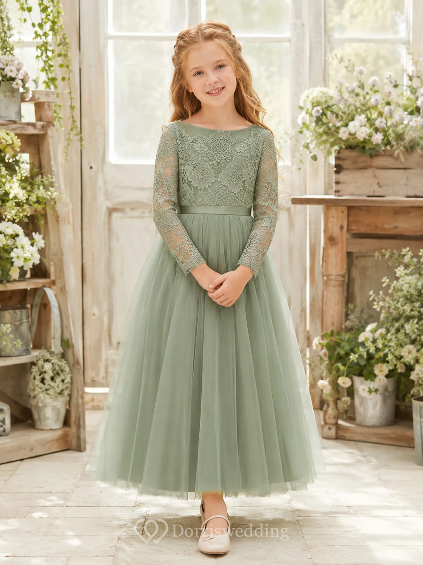 Flower Girl Dress Sage Lace Tulle A-Line Long Sleeve Jewel Neck Tea Length