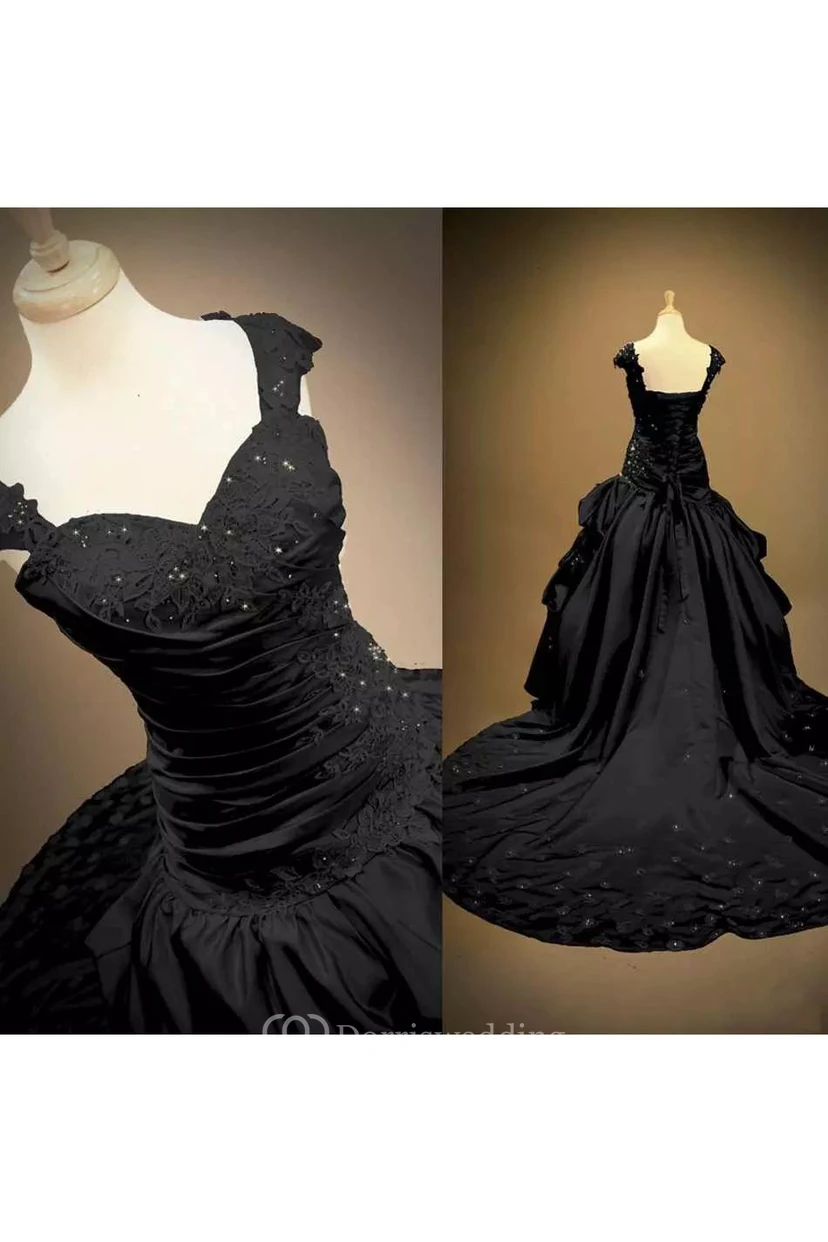 Robe de bal en taffetas, sans manches, à bretelles, longue jusqu'au sol, avec traîne chapelle, ornée de perles et de volants, robe de mariée princesse view 3