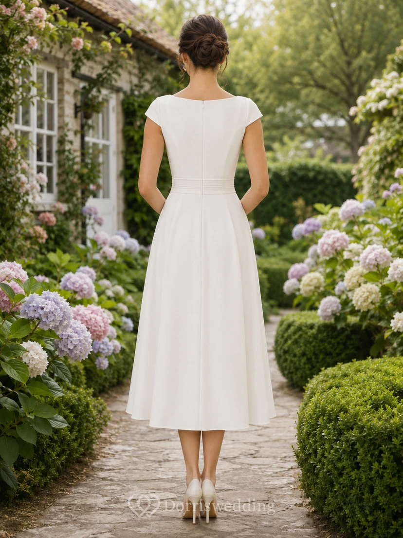 Elfenbeinfarbenes Midikleid mit kurzen Ärmeln und Rundhalsausschnitt in A-Linie view 2