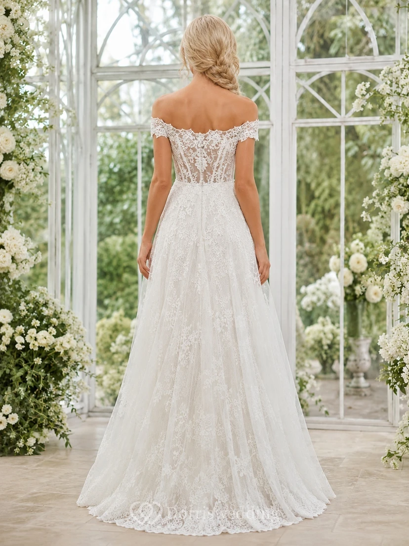 Off-Shoulder Lace A-Line Floor-Length Sweep Train Romantic Garden Wedding Dress view 2
