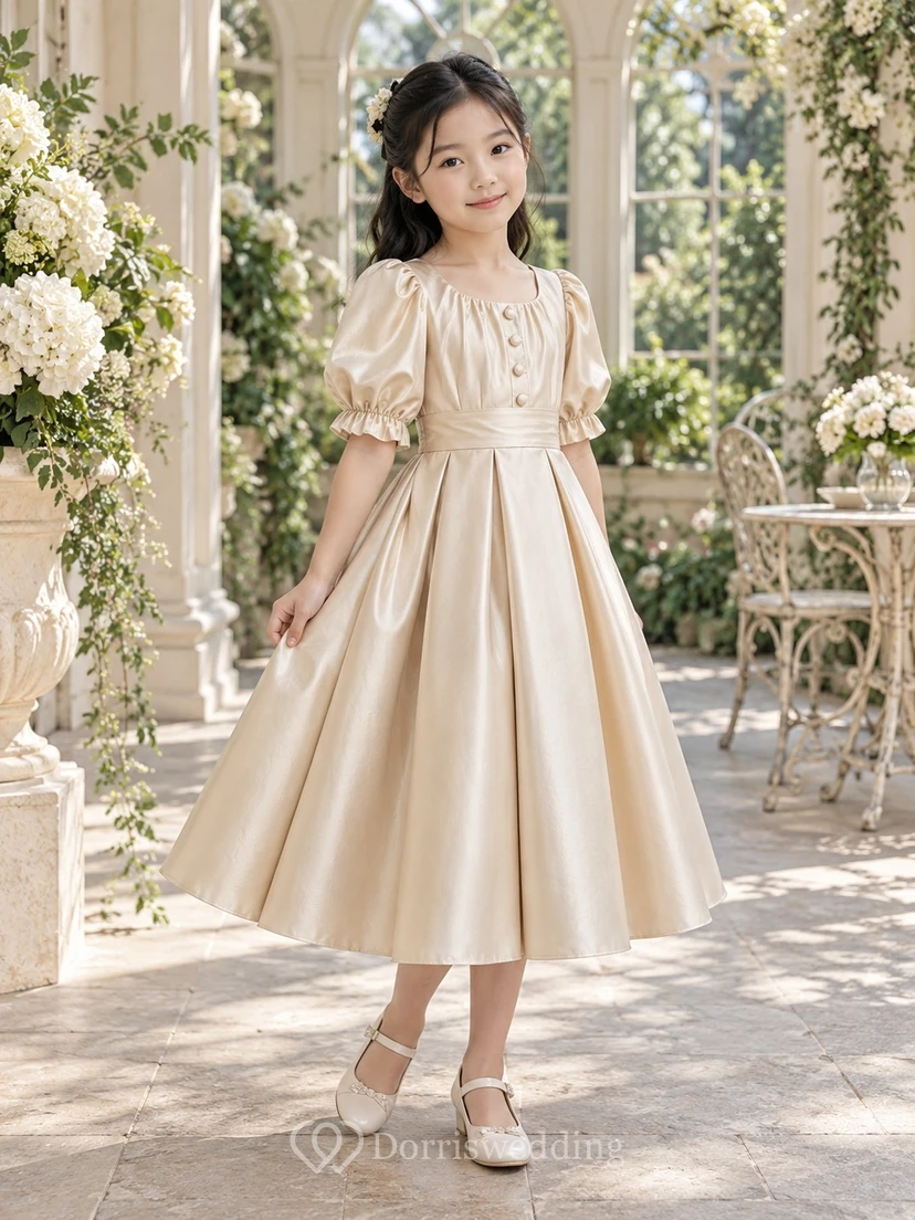 Tea-length Vintage Champagne A-line Satin Puff-sleeve Button-front Bow-back Flower Girl Dress