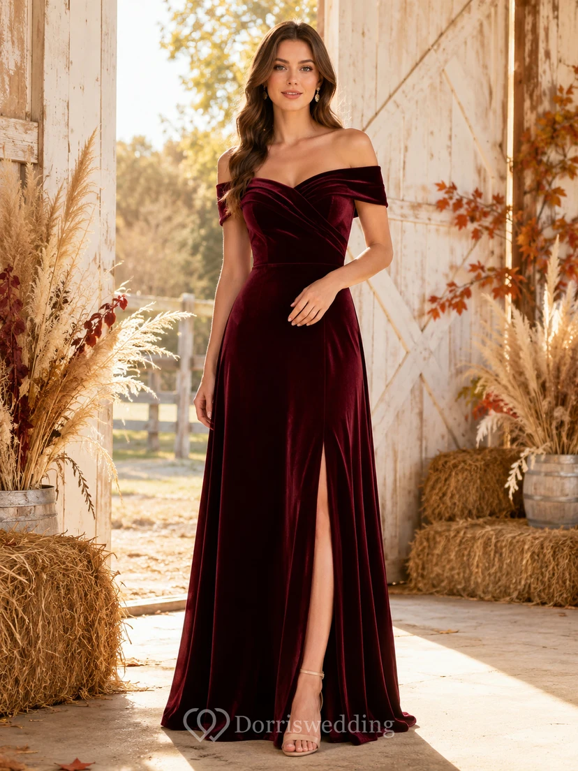 Burgundy off shoulder velvet mermaid floor length bridesmaid gown with slit
