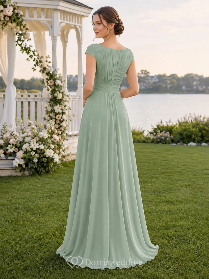 Sage green cap sleeve pleated chiffon floor length junior bridesmaid gown view 2