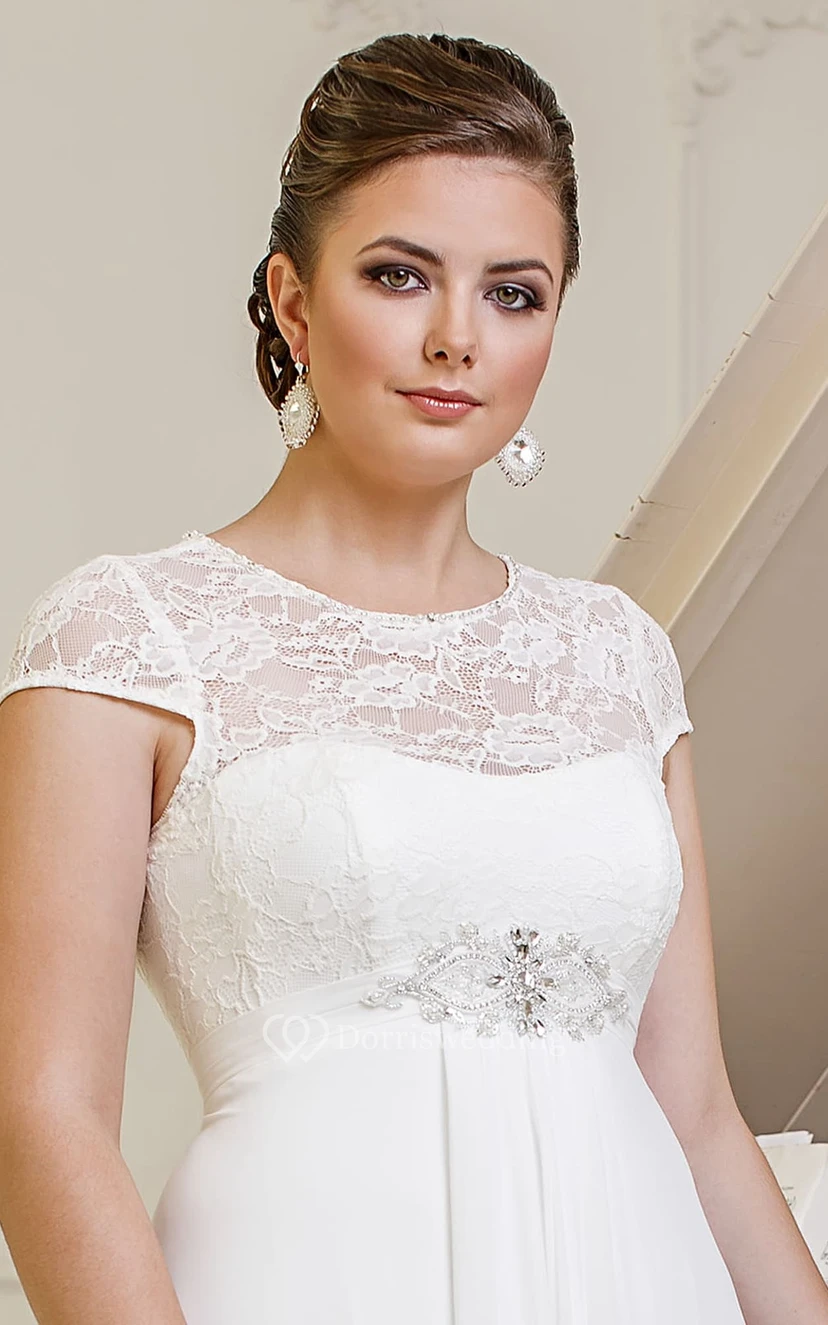A-Line Long Jewel-Neck Cap-Sleeve Empire Corset-Back Chiffon Dress With Beading And Pleatings view 2