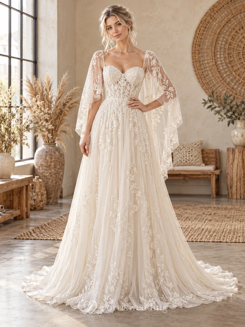 Boho Country Sweetheart Cape Sleeve Floral Lace A-line Wedding Dress