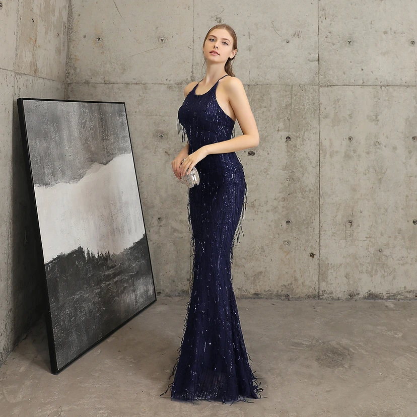 Vestido de noche elegante con borla de hilo de seda de poliéster y lentejuelas estilo cola de pez para banquetes, reuniones y eventos. Ideal para anfitriones. Modelo de coche. Otoño. view 47