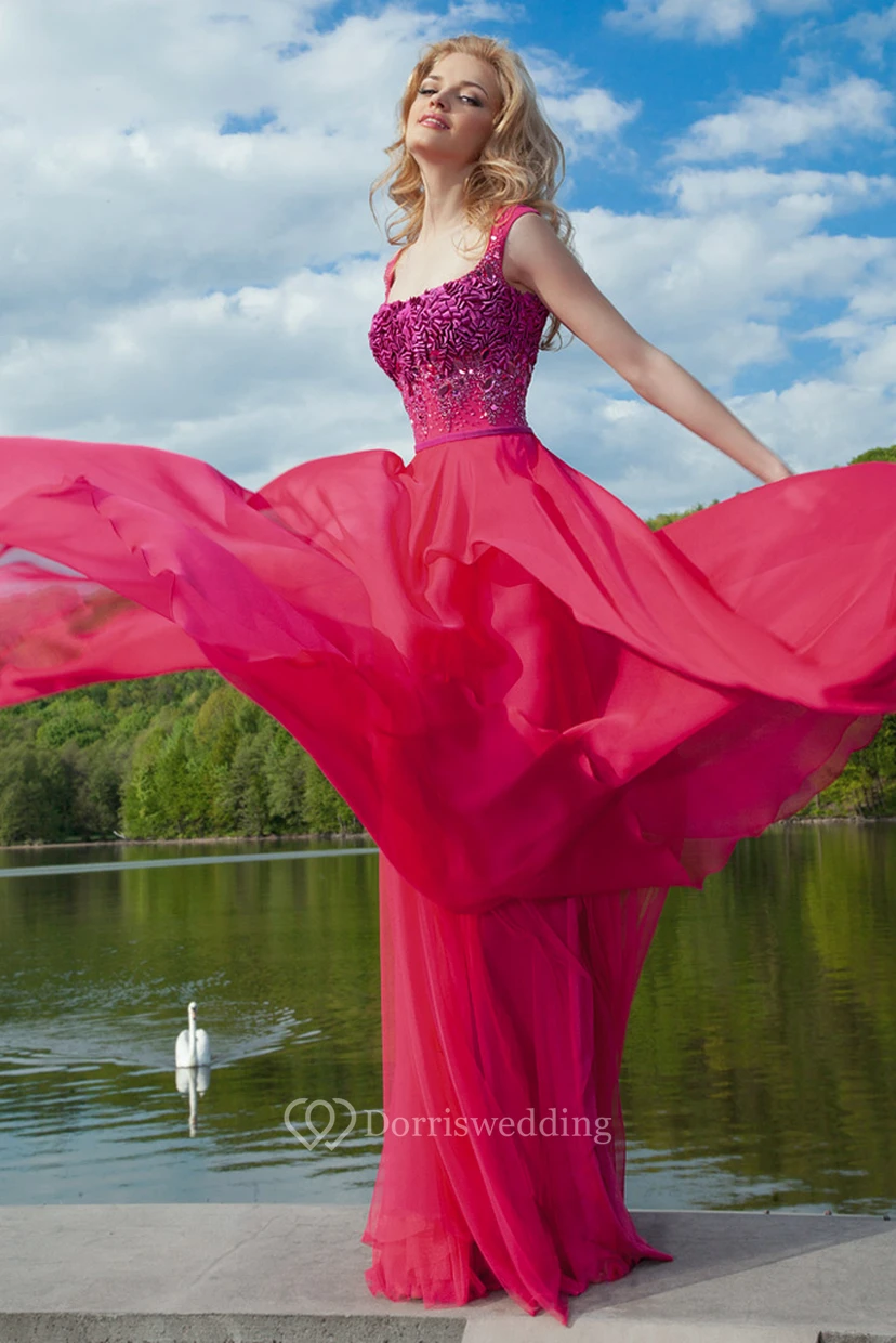 Crystal Cap-Sleeve Square-Neck Long Chiffon Prom Dress With Pleats view 3