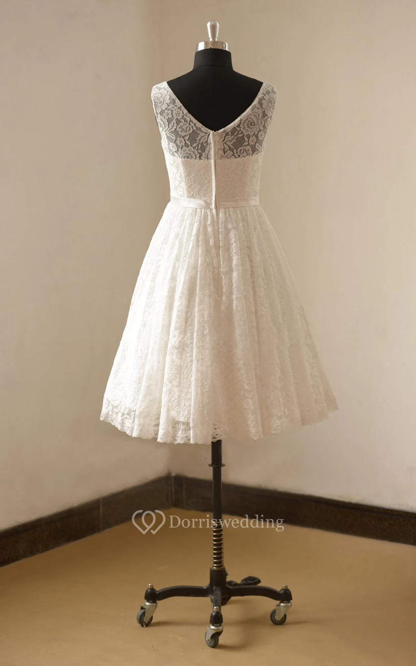 Tea Length A-Line Sleeveless Lace Short Bridal Dress With Bateau Neck and Satin Waistbelt view 3