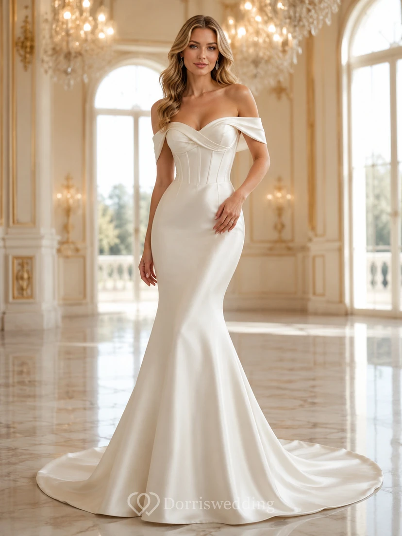 Minimalistisches Brautkleid aus Satin im Meerjungfrauenstil mit schulterfreiem Design und Schleppe