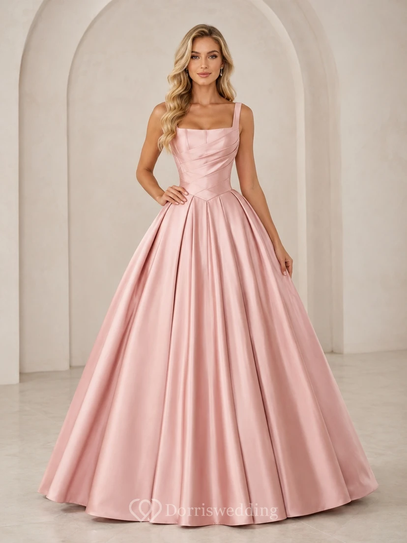 Pink Satin Square Neck Sleeveless Ball Gown Floor-length Elegant Modern Prom Dress