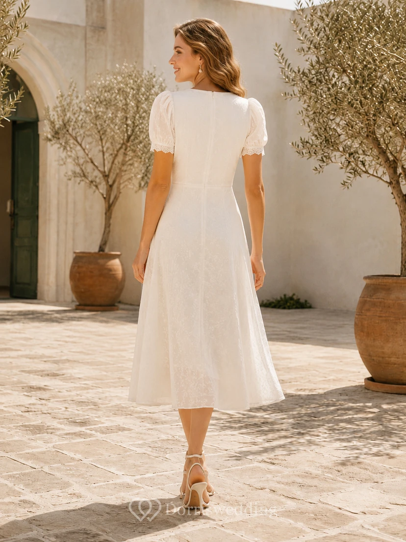 Romantic Civil Lace A Line Wrap V Neck Short Puff Sleeve Tea Wedding Dress view 2