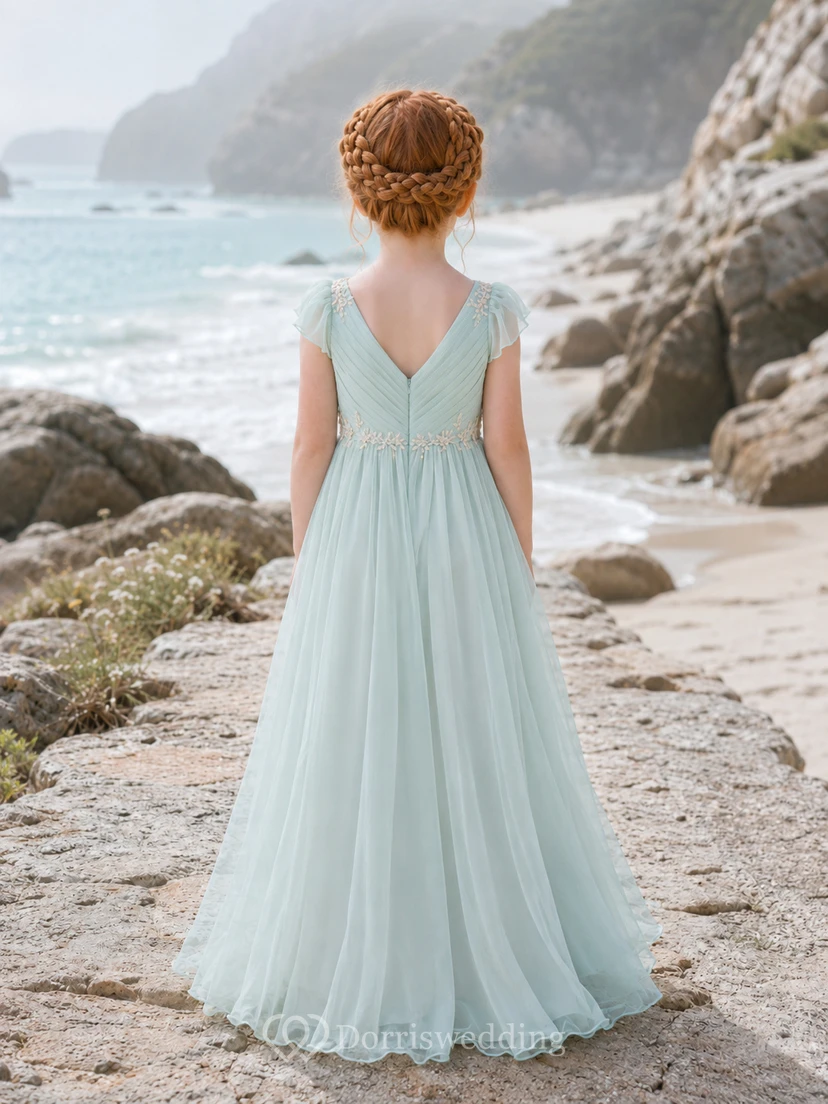 Blumenmädchenkleid aus salbeigrünem Chiffon-Tüll in A-Linie mit Rundhalsausschnitt und knielanger Silhouette, verziert mit einer Schärpe view 2