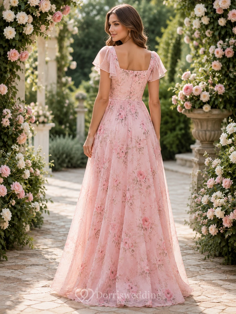Blush floral flutter sleeve chiffon floor length A line bridesmaid dress view 2