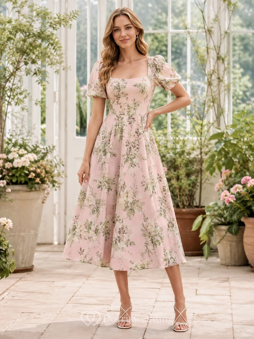 Robe d'invitée en mousseline de soie à imprimé floral rose poudré, col carré, coupe trapèze, longueur thé et manches courtes, encolure carrée