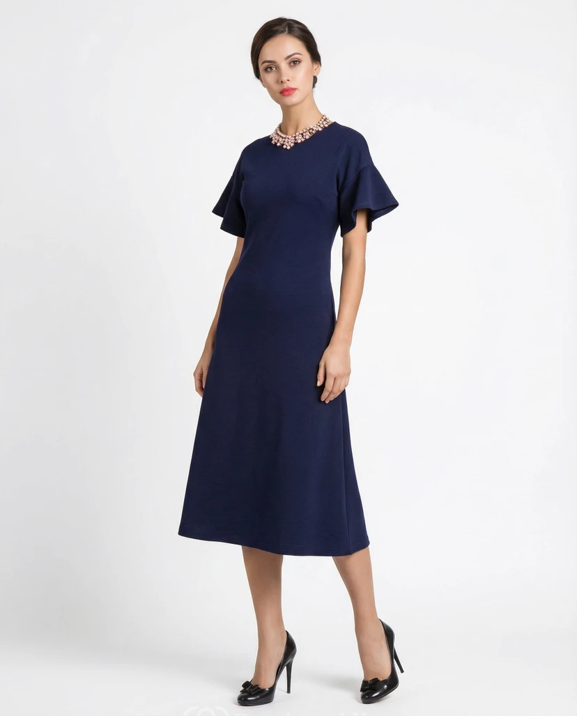 High Neck Jersey A-Line Dress with Bell Sleeves view 3
