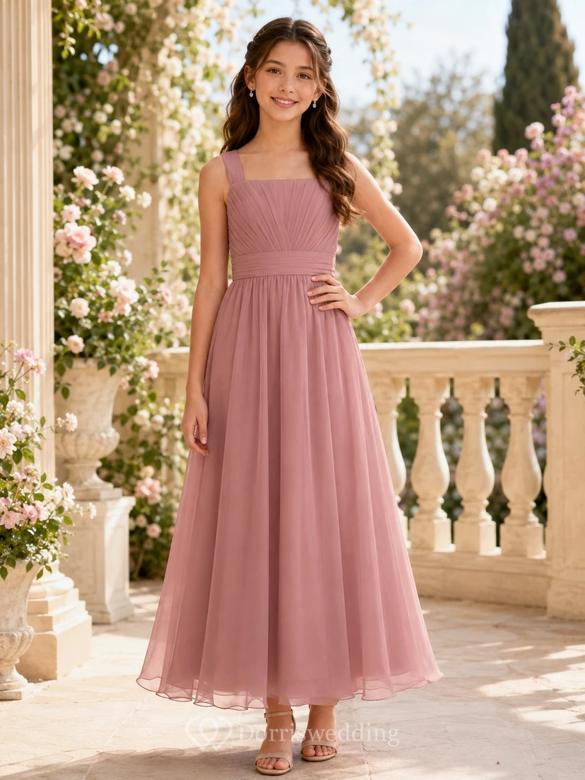 Romantisches, ärmelloses Chiffon-Brautjungfernkleid in Altrosa mit quadratischem A-Linien-Schnitt und Teelänge