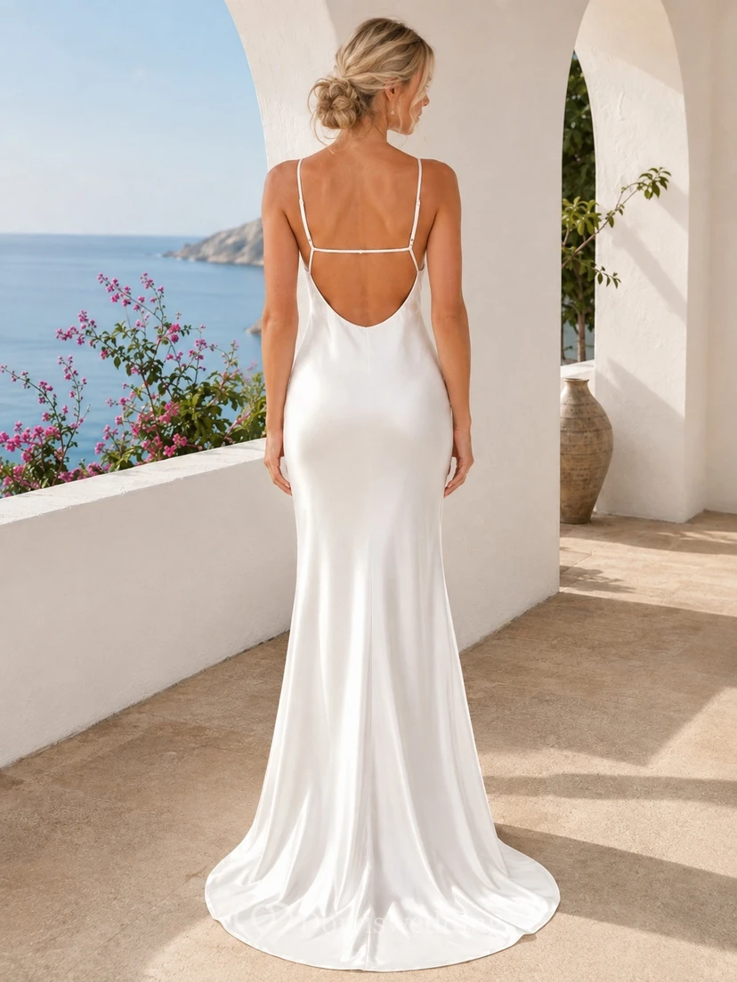 Simple Cowl Neck Spaghetti Strap Satin Sheath Sweep Train Beach Wedding Dress view 2