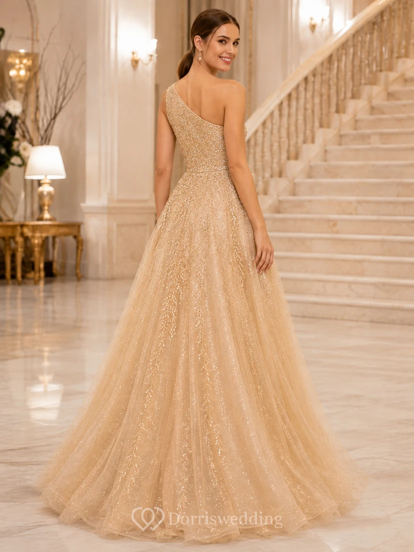 Champagne Orbit A-Line Floor-Length One-Shoulder Sleeveless Satin Modern Prom Dress view 2