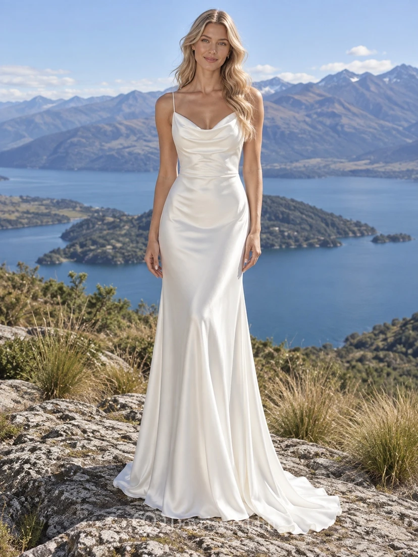 Schlichtes Brautkleid im Meerjungfrauenstil mit Spaghettiträgern, Satin-Drapierung und herzförmigem Ausschnitt