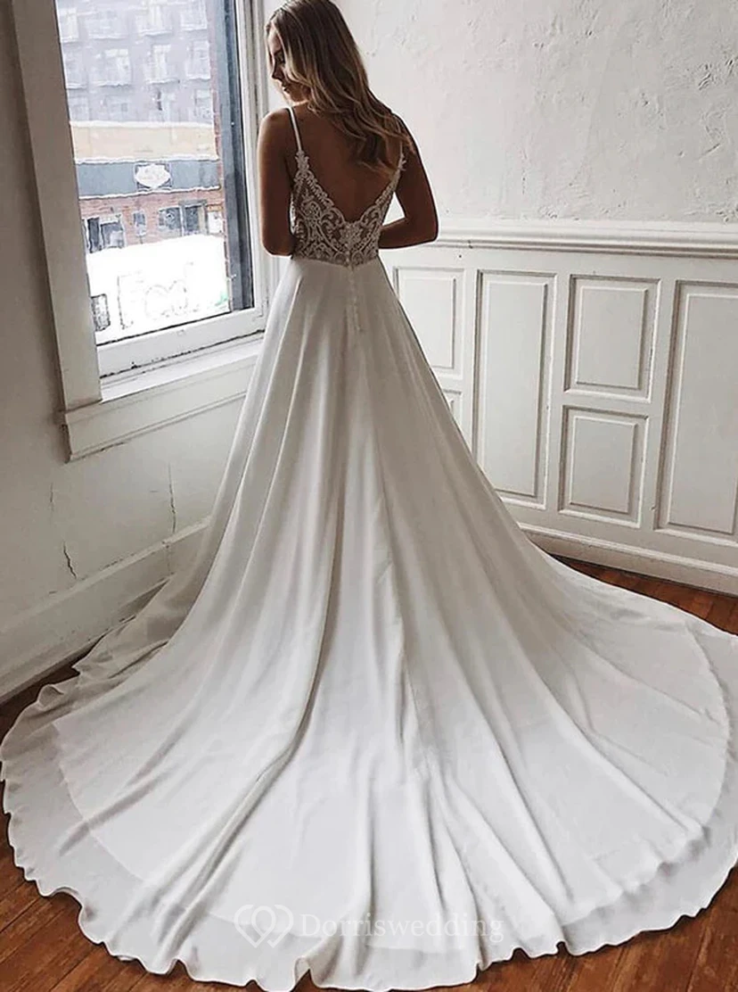 Spaghetti Plunged Sexy Empire Sleeveless Chiffon A-line Wedding Dress
