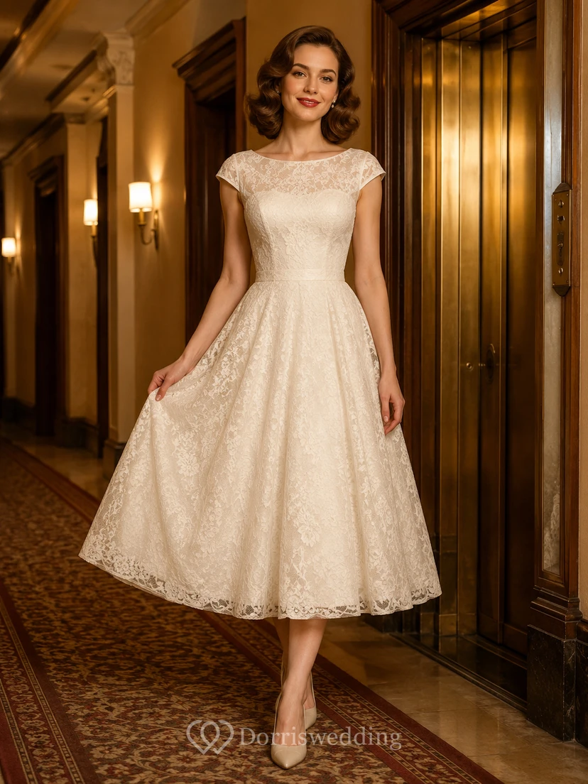 Vestido de novia vintage de encaje con mangas cortas y largo hasta la rodilla para fugarse a un hotel.