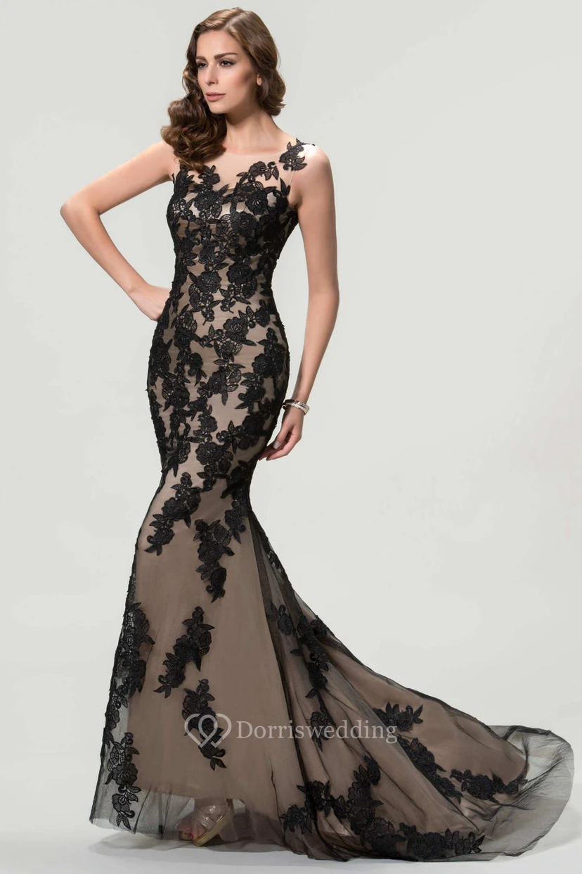 Sleeveless Bateau Neck Mermaid Long Lace Dress view 2