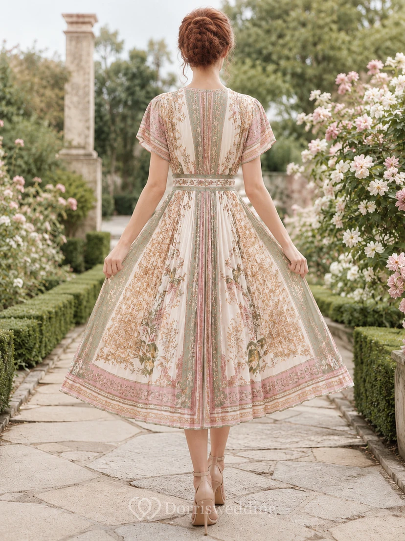 Vestido midi plisado con escote en V y estampado de bufanda color rosa empolvado para ocasiones especiales. view 2
