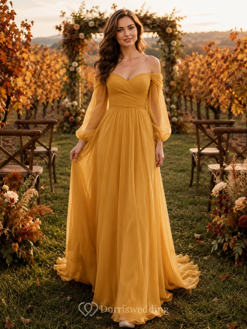 Mustard Off Shoulder Chiffon Autumn Vineyard Bridal Gown