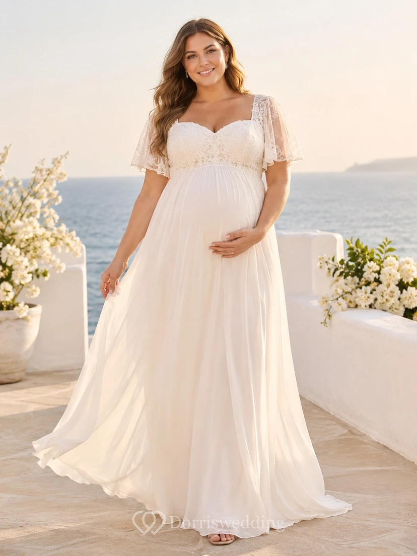 Romantic Off-the-shoulder Short Sleeve Floor-length Chiffon Empire Maternity Bridal Dress