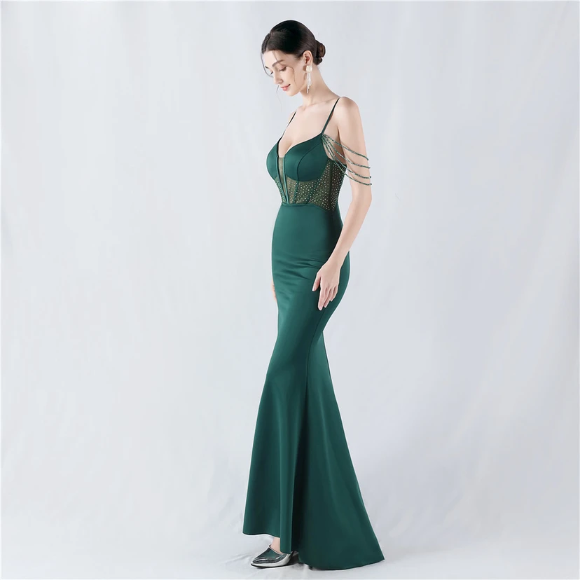 Vestido de noche con cintura de espiga, bordado de diamantes de imitación, ideal para banquetes y presentaciones. view 23