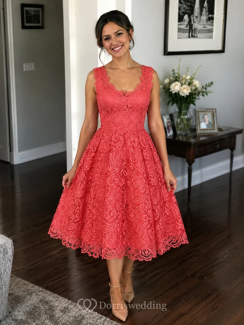 Low V Neckline A-line Knee Length Lace Dress view 9