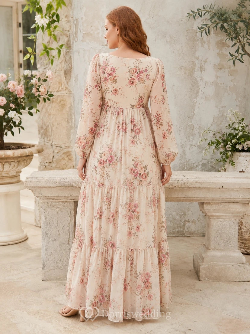 Pink Floral Maternity Square Neck Long Sleeve Chiffon Floor-Length Dress view 2