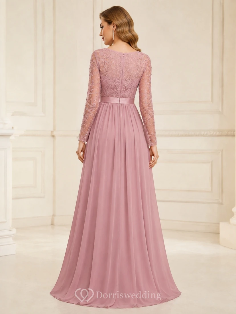 Mauvefarbenes, langärmeliges, A-Linien-Abendkleid aus Spitze mit V-Ausschnitt und V-Ausschnitt, bodenlang, schlicht und elegant view 2