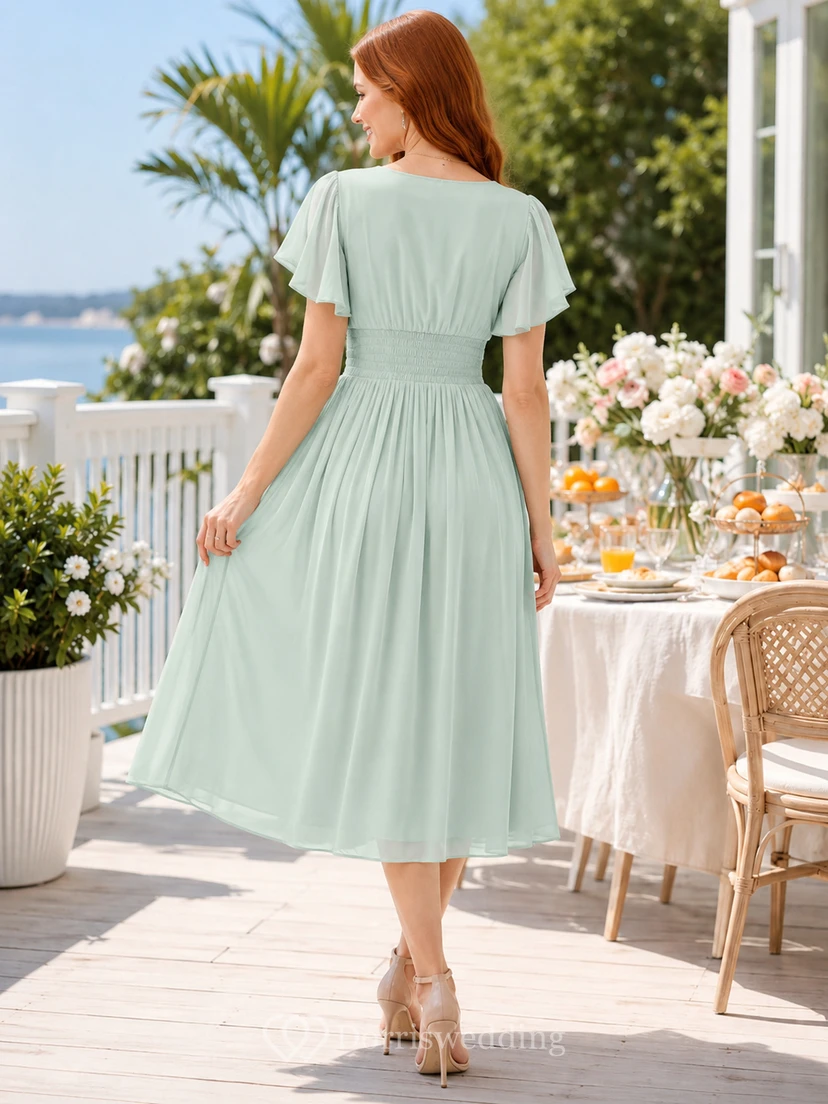 Mint V-neck flutter sleeve pleated chiffon A-line midi dress view 2