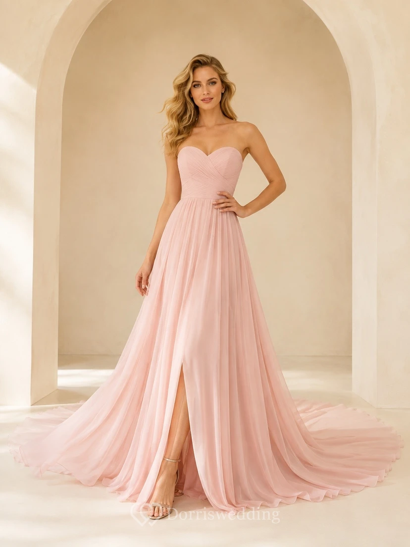 Vestido elegante de fiesta rosa con escote corazón y cola, corte en A.