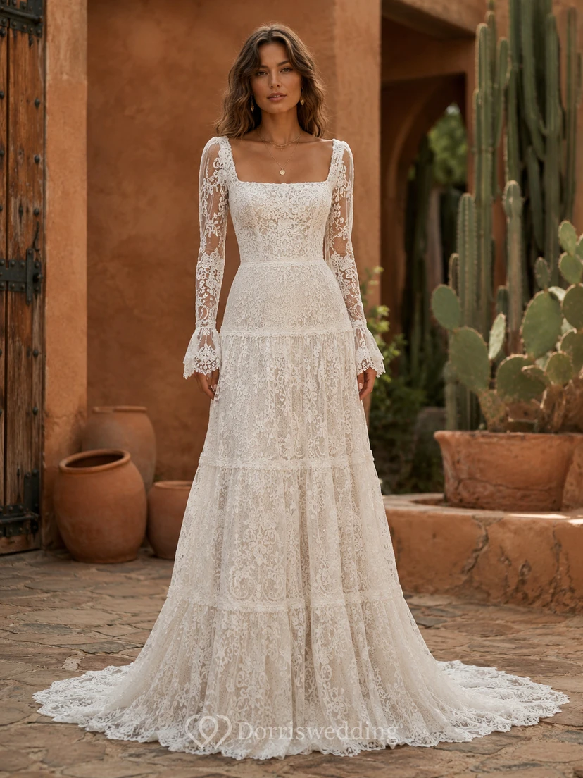 Vintage Boho Lace Wedding Dress with Square Neckline, Long Sleeves & Tiered A-Line Skirt video preview