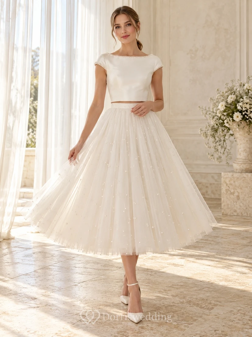 Tea-length Two Piece Boat Neck Cap Sleeve Tulle Wedding Dress