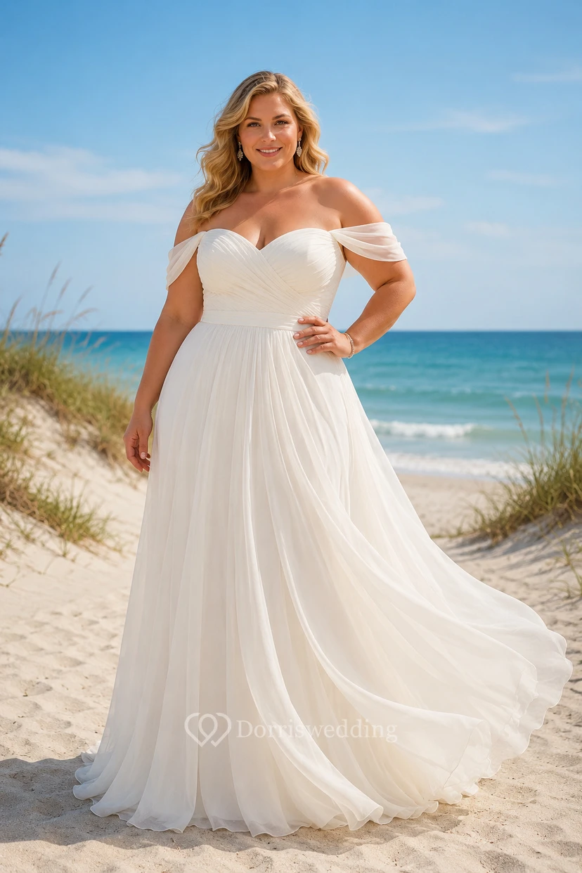 Off-the-Shoulder Beach A-Line Plus Size Wedding Dress