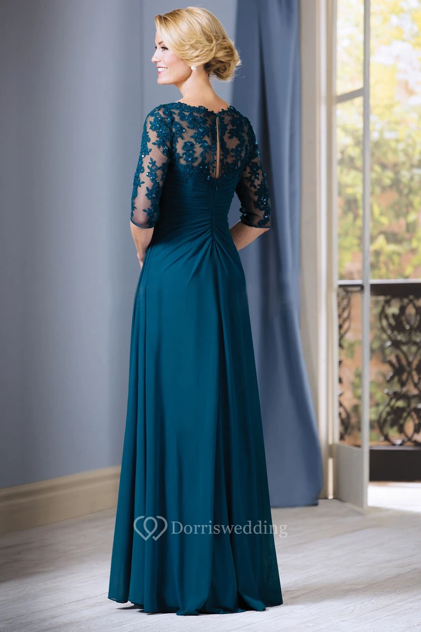 Langes, halbärmeliges Brautmutterkleid mit V-Ausschnitt, Pailletten und Applikationen view 2