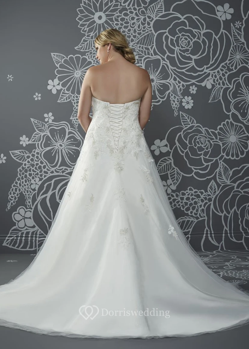 A-Line Floor-Length Strapless Sleeveless Satin Court Train Lace-Up Back Appliques Dress view 2