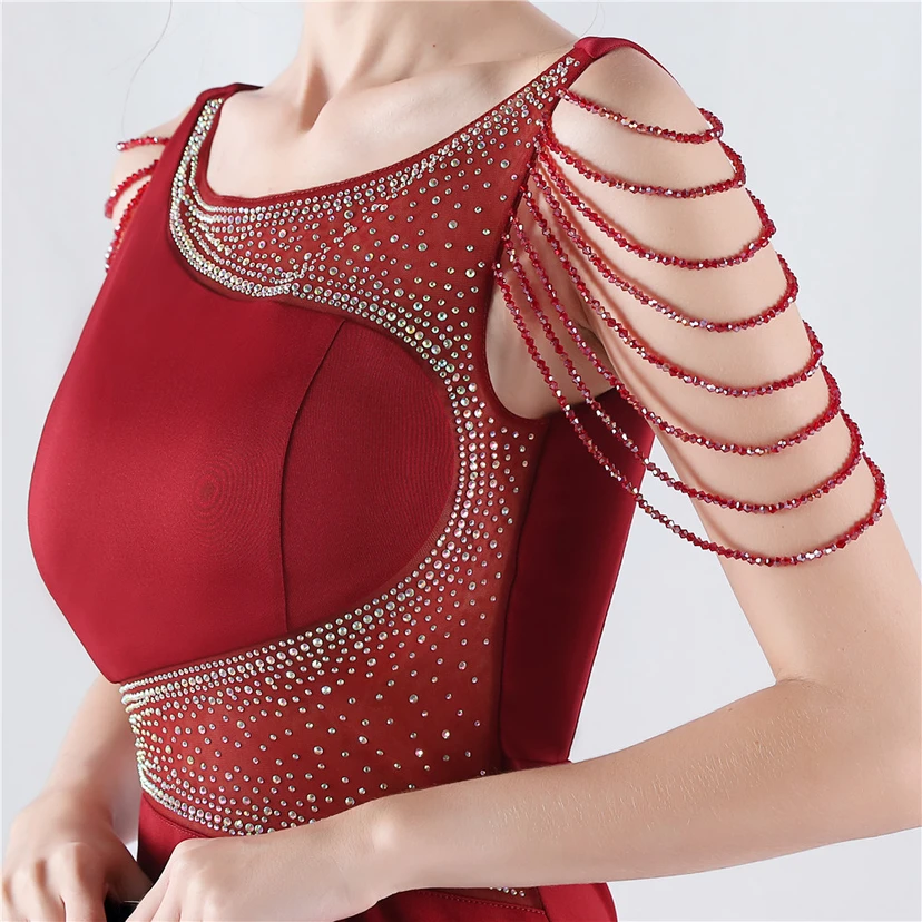 Heavy Hot Diamonds For Transparent Mesh High-Slit Satin Evening Dress Annual Meeting Wedding view 39