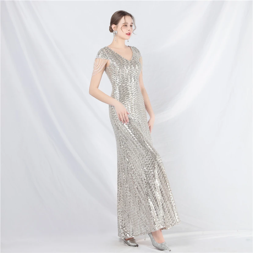 A-Line Big Swing Dress Craft Sequined Long A-Line Evening Dress view 15