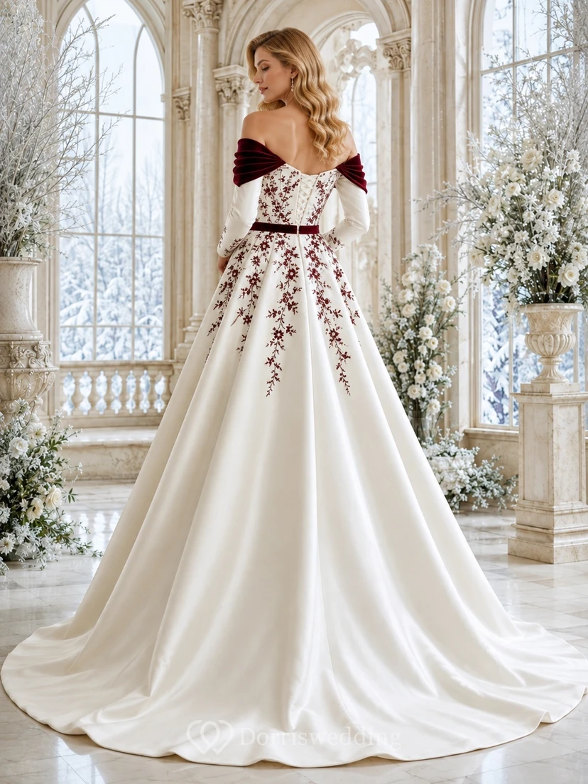 Burgunderrotes, romantisches Luxus-Brautkleid im A-Linien-Stil für den Winter mit schulterfreiem Schnitt, langen Ärmeln und Kapellenschleppe view 2