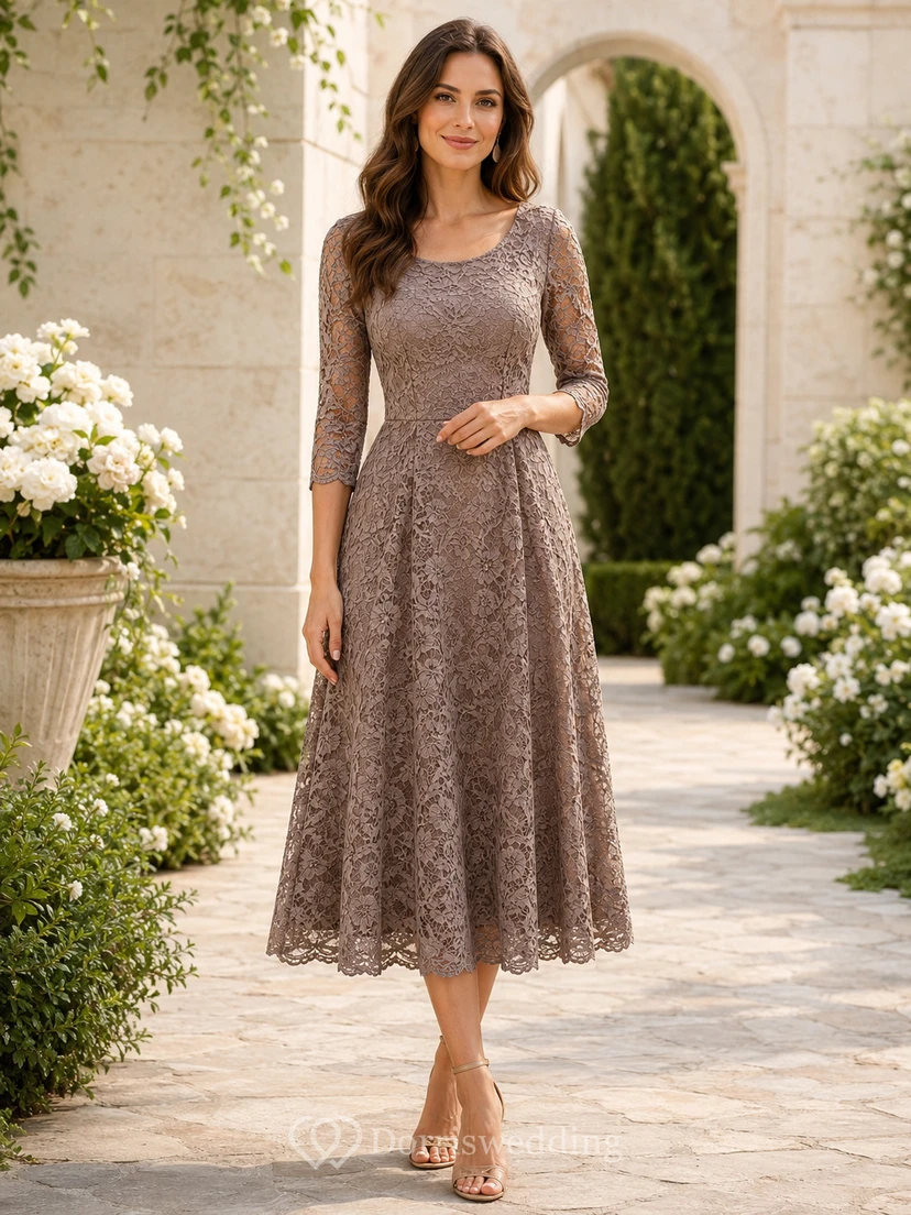 Taupe Scoop Neck Three Quarter Lace Tea Guest Dress