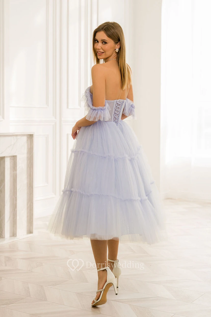 Sky Blue Off-the-shoulder Tulle Tea-length A-line Dress view 2