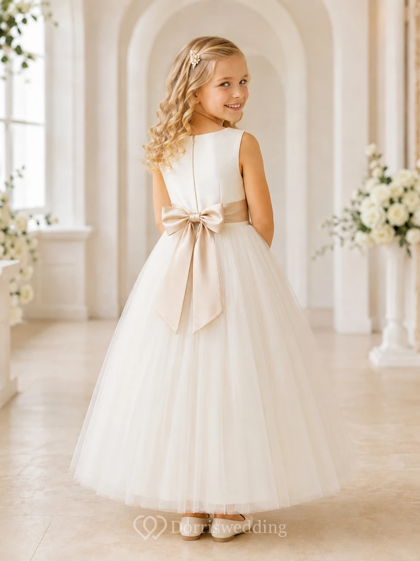Ärmelloses, bodenlanges A-Linien-Kleid aus Satin-Tüll mit Schleife für Blumenmädchen – formelles Hochzeitskleid view 2