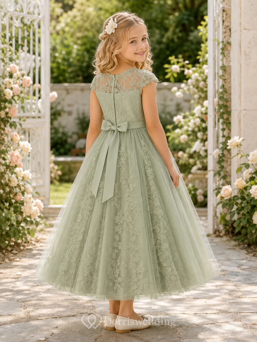 Sage Lace Tea-Length A-Line Flower Girl Garden Wedding Tulle Dress With Cap Sleeves view 2