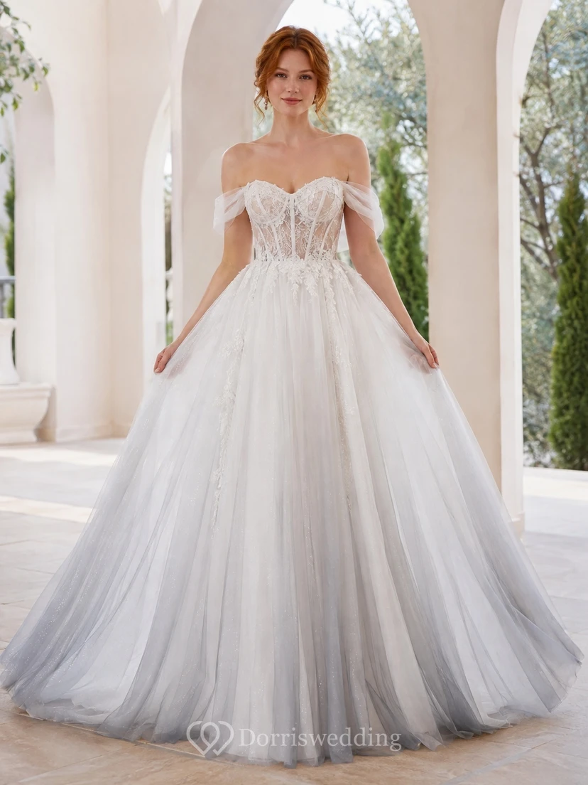 Tüll-Ballkleid, schulterfrei, bodenlang, weich, romantisch, formell, Hochzeitskleid